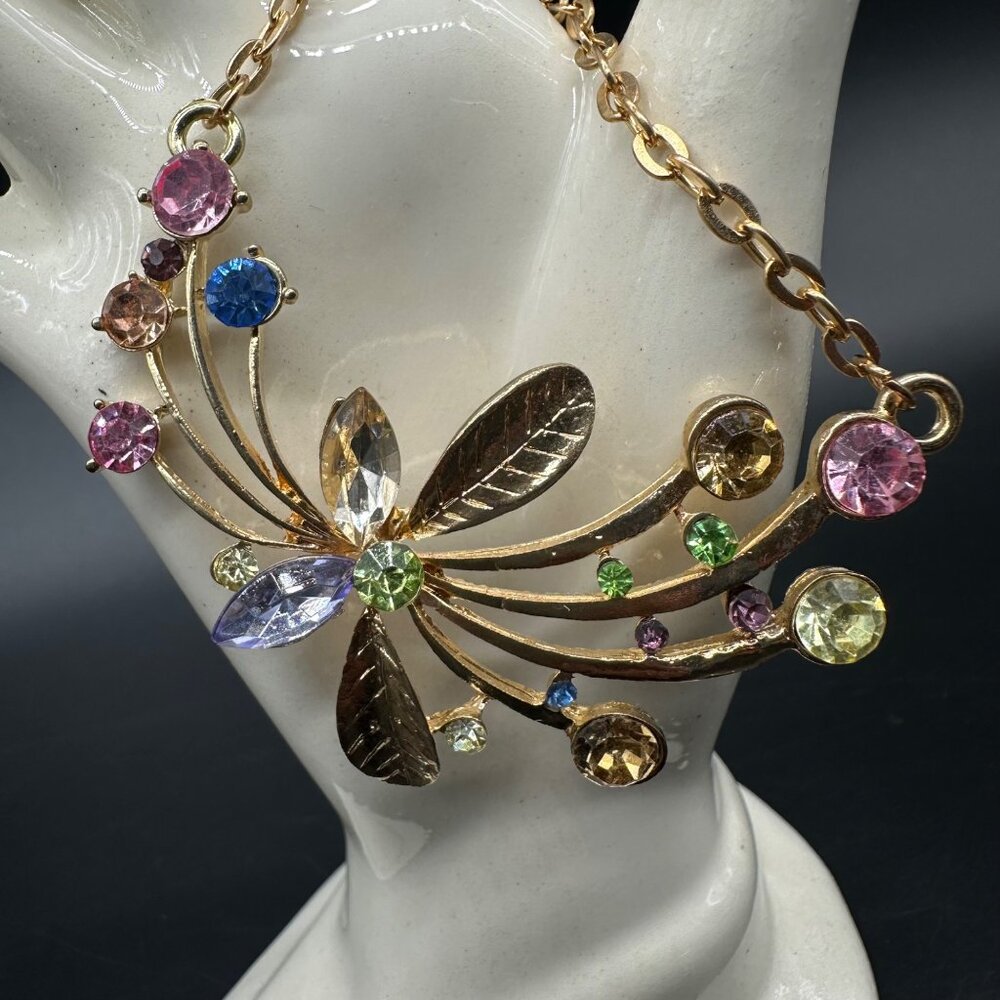 Colorful Rhinestone Butterfly Necklace  Gold Tone Adjustable Chain Fruit Salad